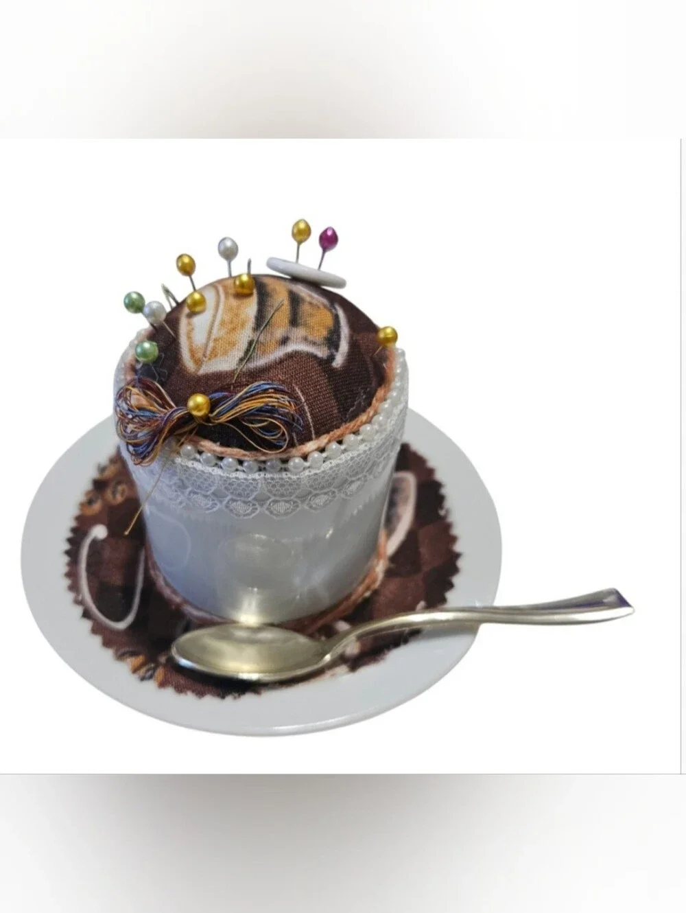Pier 1 Demitesse Cup, Saucer & Spoon Recycled into  A Pincushion